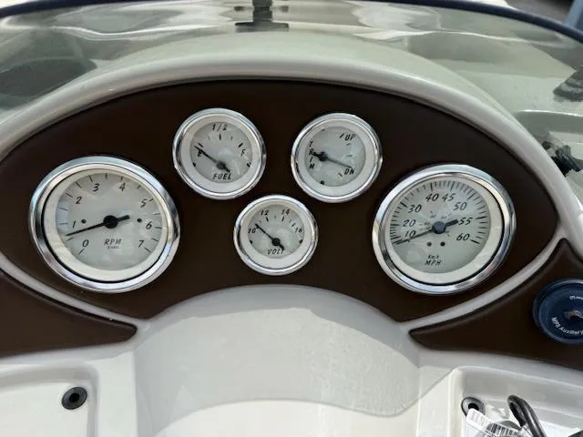 Slide: The Image of Dashboard of a 2012 Lowe SS250 boat with RPM, fuel, volt, and speed gauges. - 13