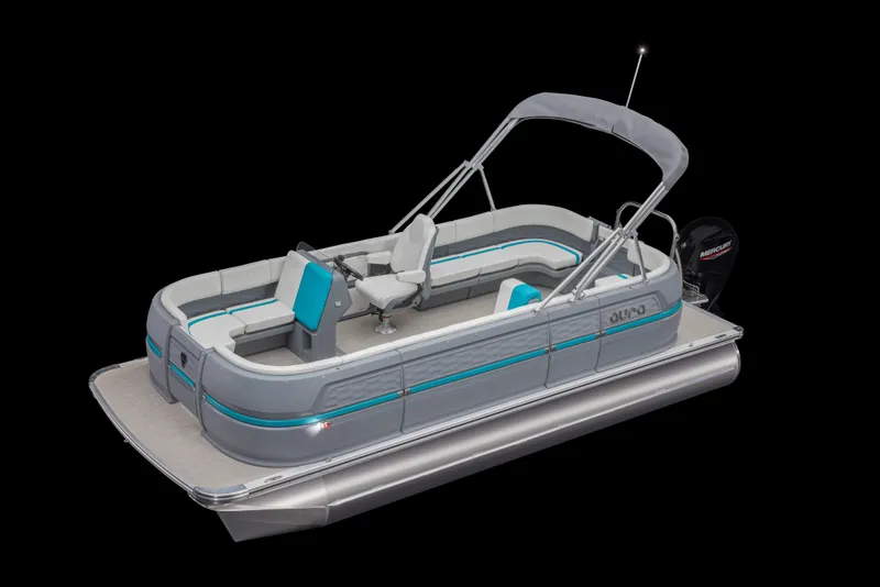 Slide: The Image of 2025 Aura Quad Lounge pontoon boat with sleek design and modern seating arrangement. - 29