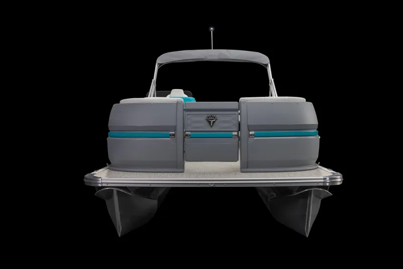 Slide: The Image of 2025 Aura Quad Lounge pontoon boat, front view, sleek design, black background. - 30