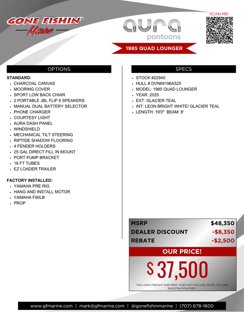 Slide: The Image of 2025 Aura Quad Lounge pontoon boat features, pricing, and specifications overview. - 31