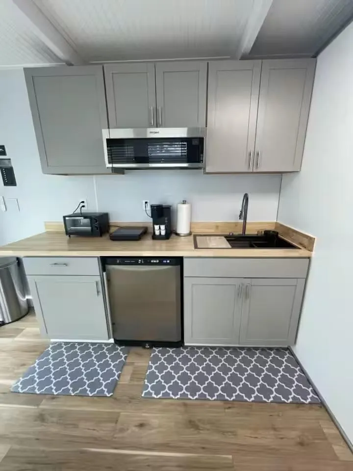 Slide: The Image of Modern kitchen with gray cabinets, stainless steel appliances, and patterned rugs, 2023 Modern Struktures MS 360. - 11