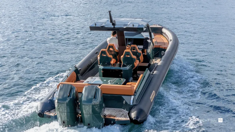 Slide: The Image of 2025 Skipper-BSK 38 boat cruising on water, featuring dual engines and modern design. - 18