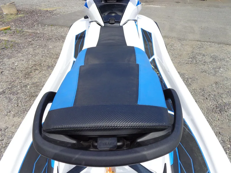 Slide: The Image of 2019 Yamaha FX Cruiser HO jet ski with blue and black seat design. - 16