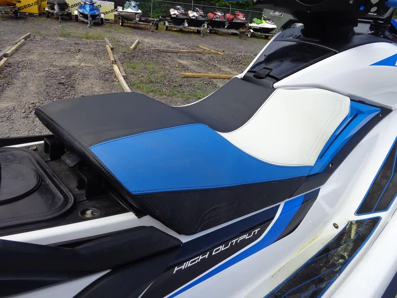Slide: The Image of 2019 Yamaha FX Cruiser HO jet ski seat, blue and white design, high output model. - 20