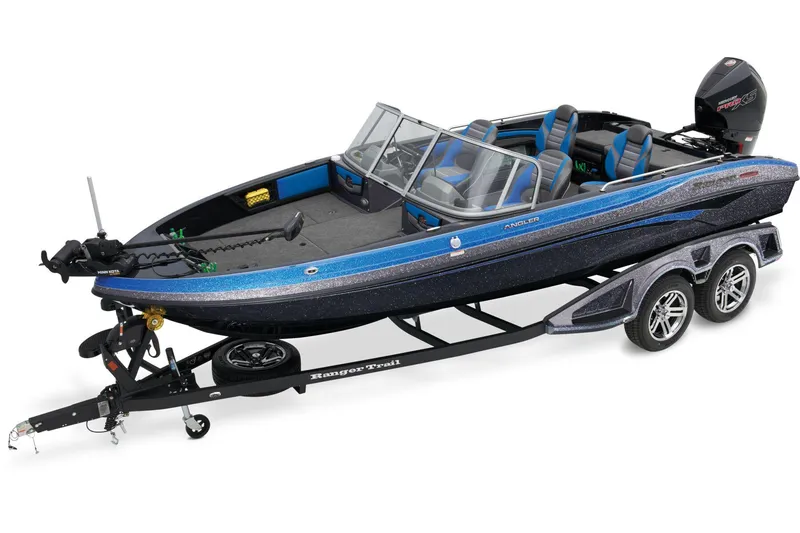 Slide: The Image of 2025 Ranger 2080MS boat on trailer, parked outdoors, showcasing sleek design and modern features. - 1