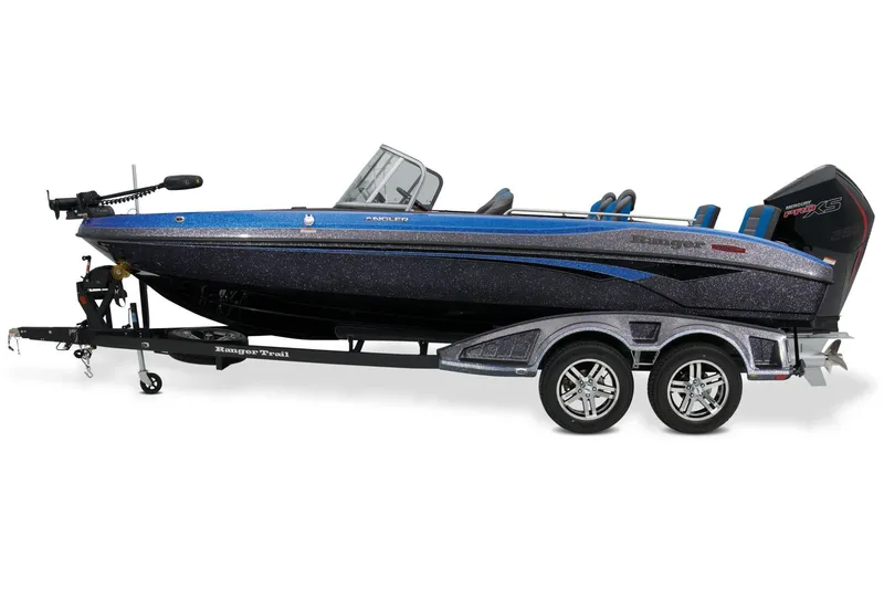 Slide: The Image of 2025 Ranger 2080MS boat with Minn Kota motor, blue exterior, parked outdoors. - 3