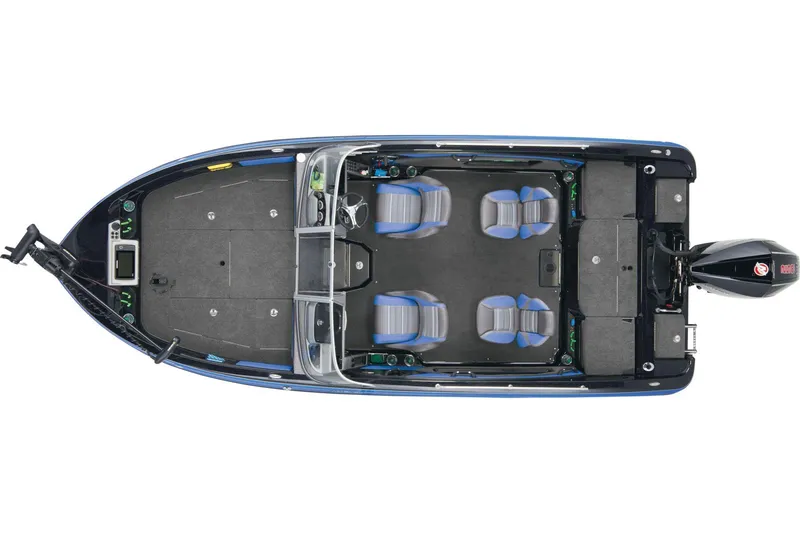 Slide: The Image of Interior of 2025 Ranger 2080MS boat with blue and gray seating. - 5