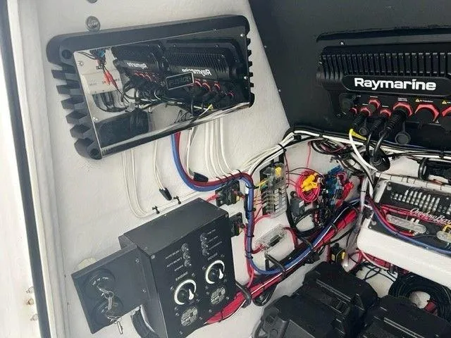 Slide: The Image of 2023 Onslow Bay 27 Offshore boat electronics and wiring setup with Raymarine equipment. - 14