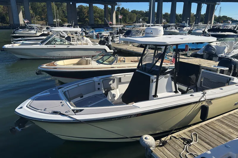 The Image of 2018 Blackfin 242 CC boat docked at marina with Mercury outboard engine. - 0