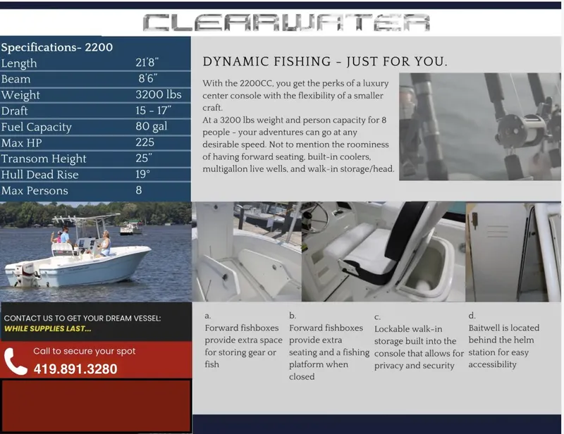 Slide: The Image of Clearwater 2200CC boat brochure highlighting specifications, features, and contact information for purchase. - 8