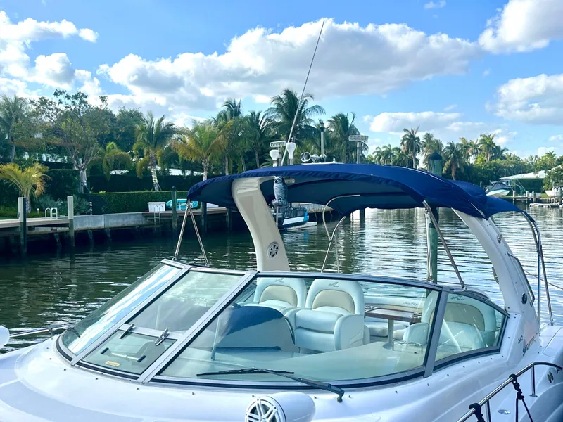 Slide: The Image of 2008 Sea Ray 420 Sundancer yacht docked by a tropical waterfront. - 38