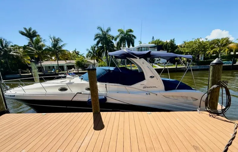 Slide: The Image of 2008 Sea Ray 340 Sundancer docked by palm trees on a sunny day. - 6