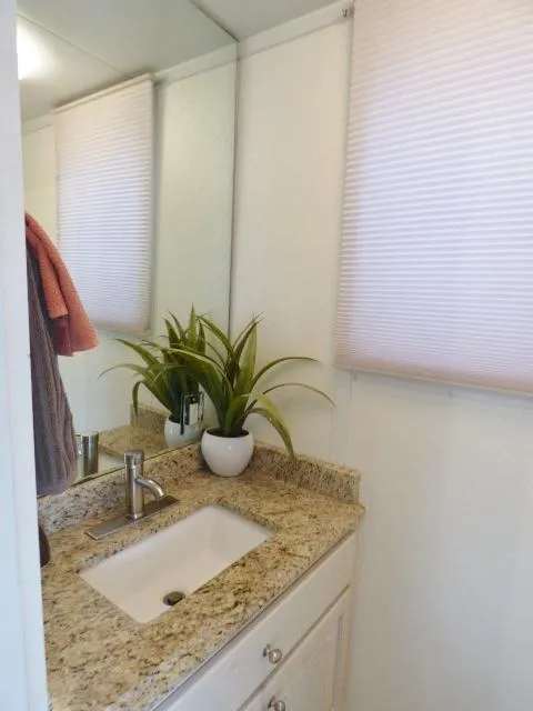 Slide: The Image of Bathroom vanity with granite countertop, potted plant, and modern faucet in 2000 Stardust Cruisers 18x83. - 13