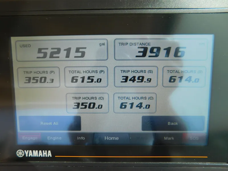 Slide: The Image of Yamaha display showing fuel usage and trip data for Grady-White Freedom 375, 2018 model. - 40
