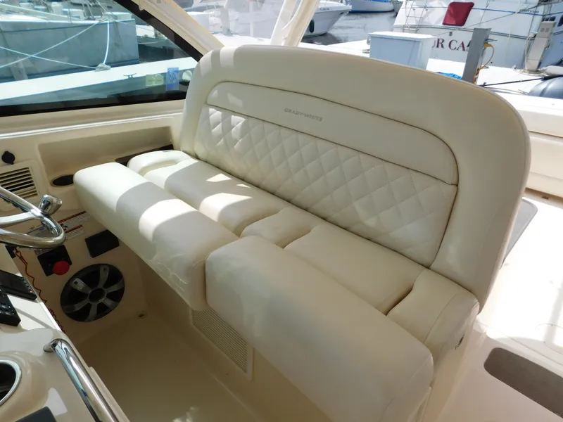Slide: The Image of Luxurious seating on 2018 Grady-White Freedom 375 boat, featuring quilted upholstery. - 45
