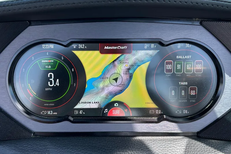 Slide: The Image of Dashboard of 2024 MasterCraft XStar S boat displaying speed, navigation, and ballast settings. - 3