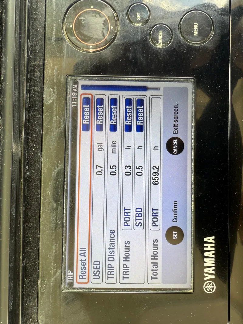 Slide: The Image of Yamaha boat control panel displaying trip data and settings for a 2016 Scout 300 LXF. - 22