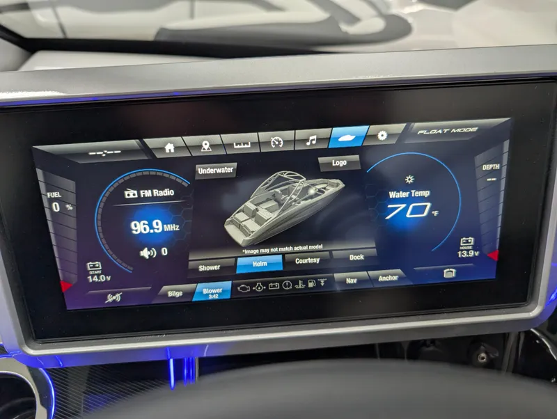 Slide: The Image of Dashboard display of 2024 Yamaha Boats 275 SE showing controls and water temperature. - 13