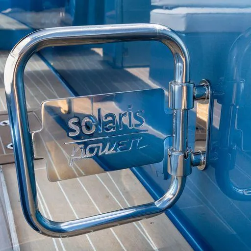 Slide: The Image of 2023 Solaris Power 40 Open yacht detail with logo on stainless steel gate. - 24