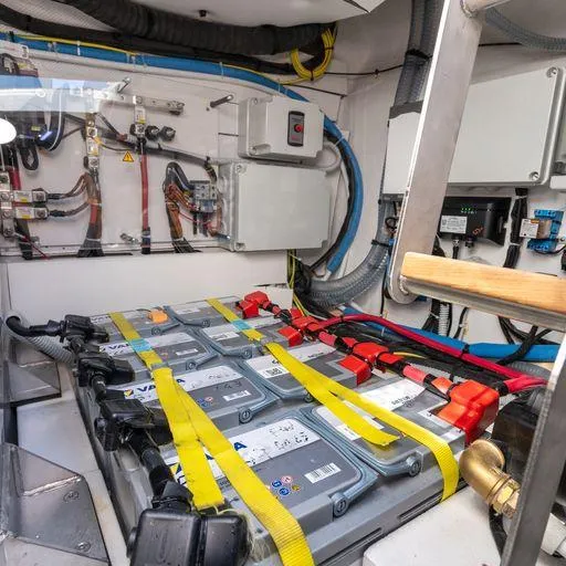 Slide: The Image of Engine room of 2023 Solaris Power 40 Open yacht, showcasing battery system and wiring. - 37