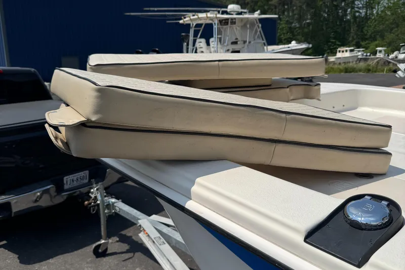 Slide: The Image of Cushions on a 2021 Carolina Skiff 21 LS boat, parked on a trailer. - 4