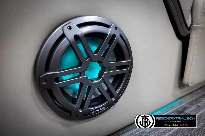 Slide: The Image of Speaker with blue LED lighting in 2022 Premier 230 Solaris RL boat interior. - 43