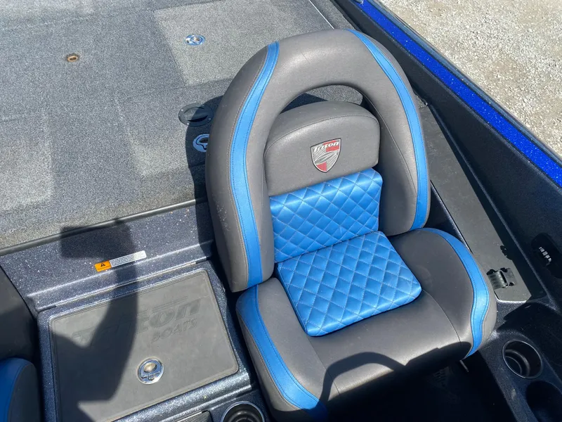 Slide: The Image of 2019 Triton 20 TRX Patriot boat seat with blue and gray quilted design. - 15