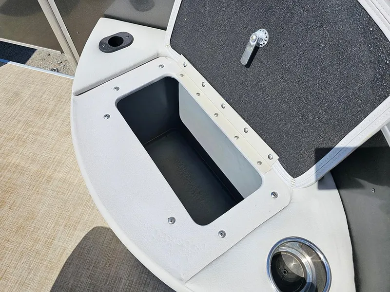 Slide: The Image of Open storage compartment on 2023 SunCatcher Select 320 F boat deck. - 19