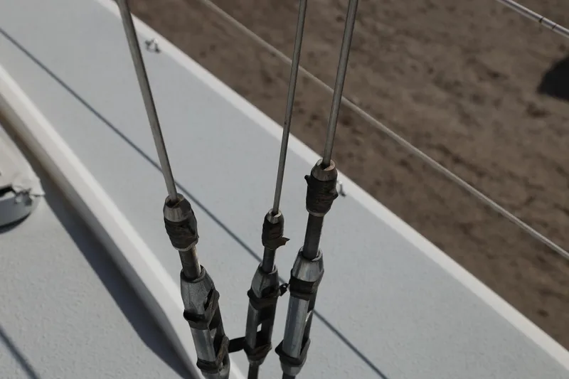 Slide: The Image of Close-up of Catalina Capri 37 sailboat rigging, 1992 model, showing metal cables and fittings. - 18