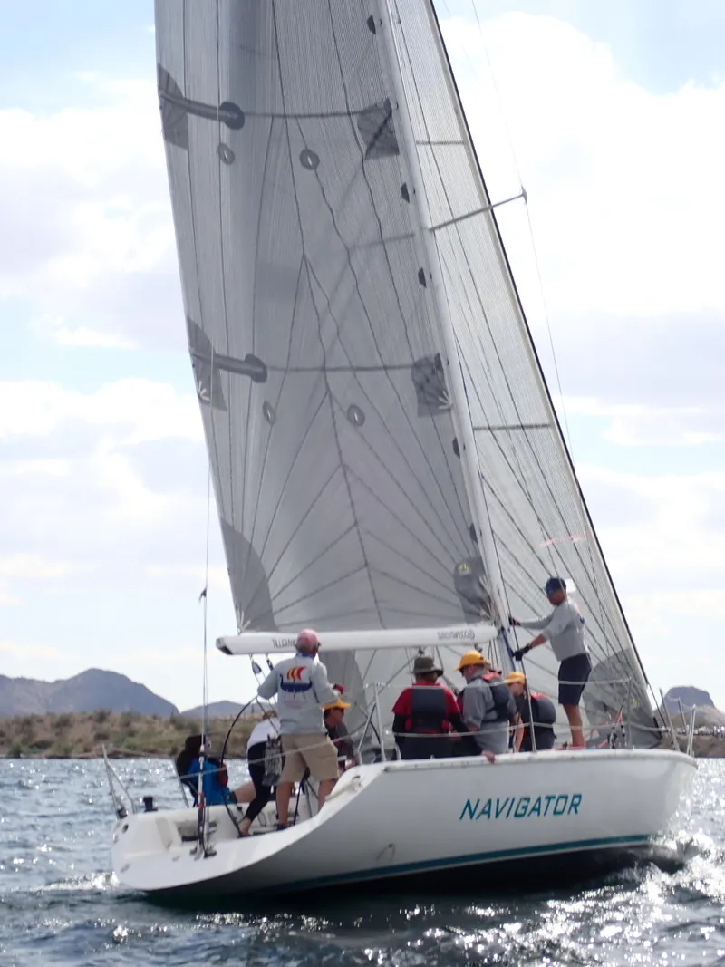 Slide: The Image of Sailboat "Navigator" on water, Catalina Capri 37, 1992 model, with crew sailing. - 18