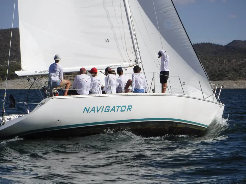 Slide: The Image of Sailboat "Navigator" on water, Catalina Capri 37, 1992 model, crew onboard. - 2