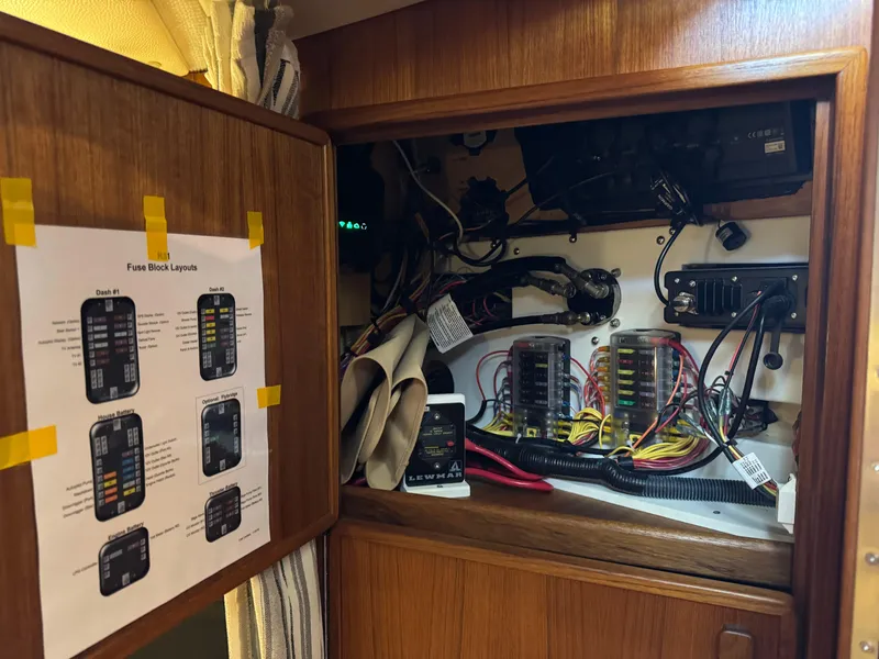 Slide: The Image of Electrical panel inside 2020 Ranger Tugs R-31 S boat, showing fuse block layout and wiring. - 29