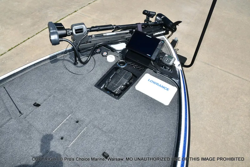 Slide: The Image of 2024 Nitro Z21 XL Pro boat deck with Lowrance electronics and trolling motor. - 10