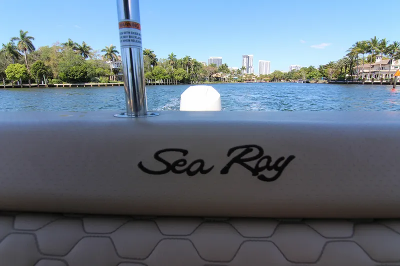 Slide: The Image of 2021 Sea Ray SDX 270 boat on a scenic waterway with city skyline. - 29