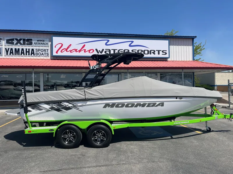 Slide: The Image of 2014 Moomba Mobius LSV boat on trailer at Idaho Water Sports dealership. - 2