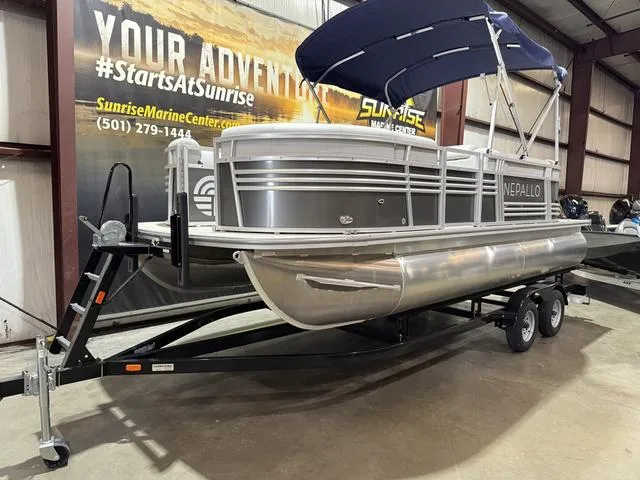 Slide: The Image of 2023 Nepallo Pontoons 18TL with Suzuki 60, displayed at Sunrise Marine Center. - 2