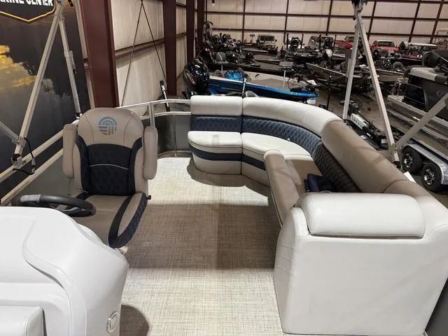 Slide: The Image of 2023 Nepallo Pontoons 18TL interior with Suzuki 60, featuring plush seating and modern design. - 8