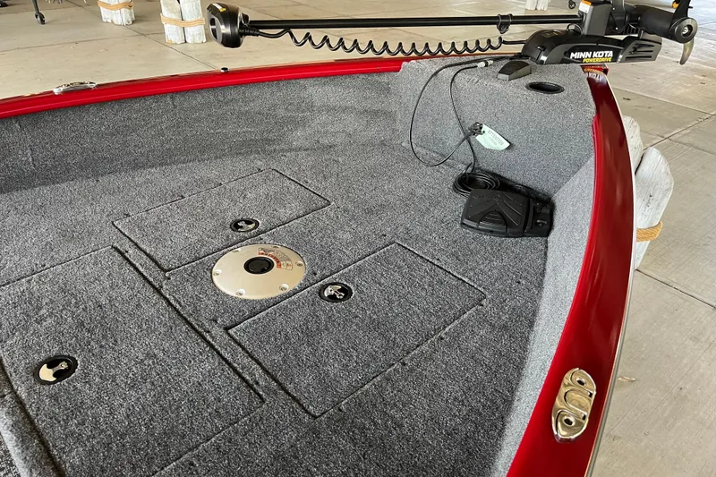 Slide: The Image of 2025 Tracker Super Guide V-16 T boat deck with Minn Kota trolling motor. - 4