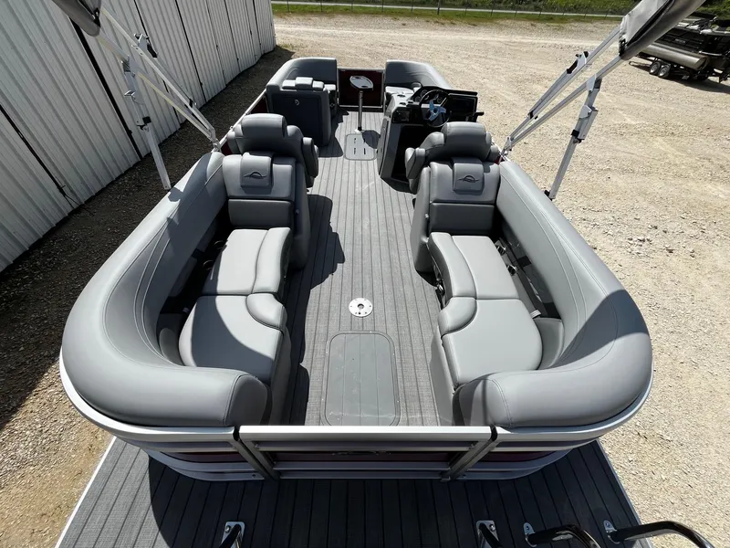 Slide: The Image of 2025 SunCatcher Fusion 322RC pontoon boat with spacious seating and modern design. - 9