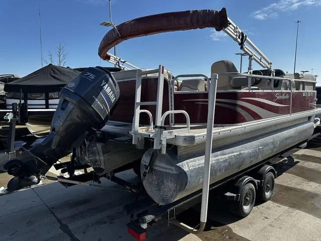 Slide: The Image of 2012 Godfrey Sweetwater pontoon boat with Yamaha motor on a trailer. - 6