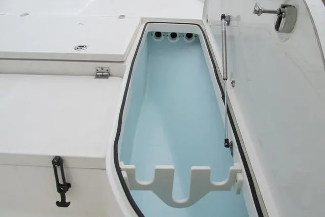 Slide: The Image of 2023 Sea Born FX22 boat storage compartment with open lid, showcasing interior design. - 25