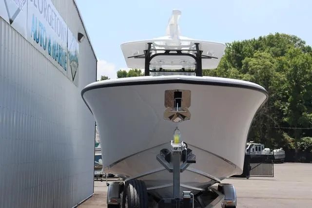 Slide: The Image of 2025 Yellowfin 32 boat on trailer at marina, front view. - 20