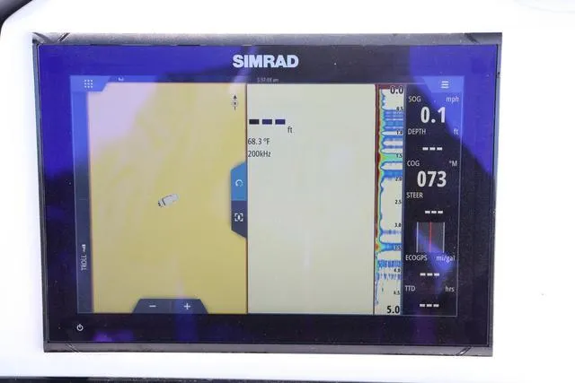 Slide: The Image of Simrad display on 2023 Sea Pro 219 Deep V Series showing navigation and depth data. - 13