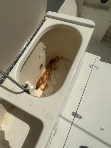 Slide: The Image of 1997 Sea Pro 255 WA boat interior with storage compartment, showing signs of rust. - 10
