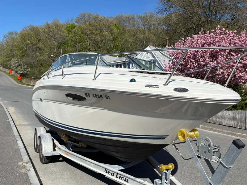Slide: The Image of 2007 Sea Ray 215 Weekender boat on trailer, parked roadside with blooming trees. - 3