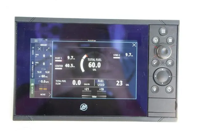 Slide: The Image of Digital display showing fuel data on a 2025 Yellowfin 26 Hybrid boat. - 18