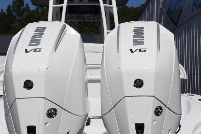 Slide: The Image of Twin V6 engines on a 2025 Yellowfin 26 Hybrid boat. - 37