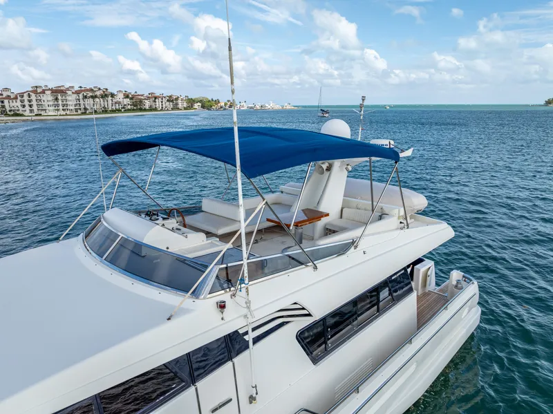 Slide: The Image of Sanlorenzo 62 yacht, 1995 model, cruising on a sunny day with blue canopy. - 18