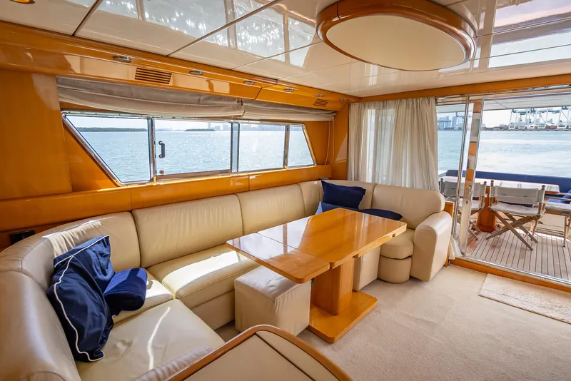 Slide: The Image of Luxurious interior of a 1995 Sanlorenzo 62 yacht with elegant seating and ocean view. - 43