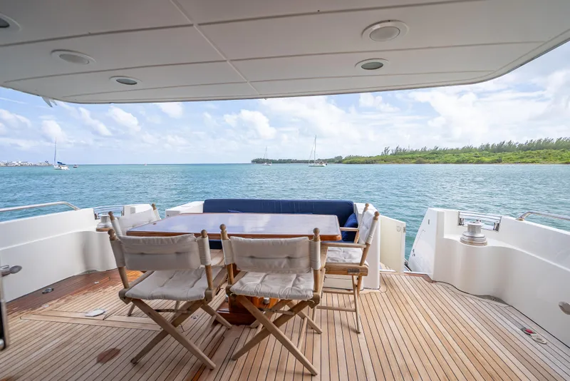 Slide: The Image of Deck view of 1995 Sanlorenzo 62 yacht with ocean and sky backdrop. - 46